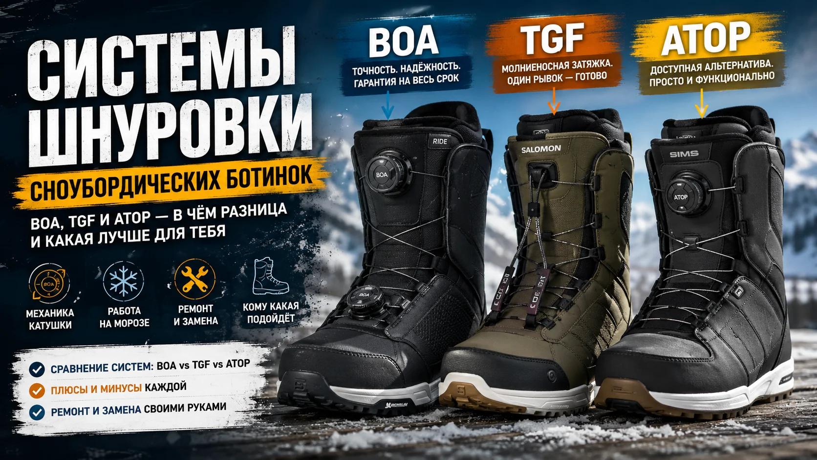 BOA, TGF, ATOP: системы шнуровки сноубордических ботинок