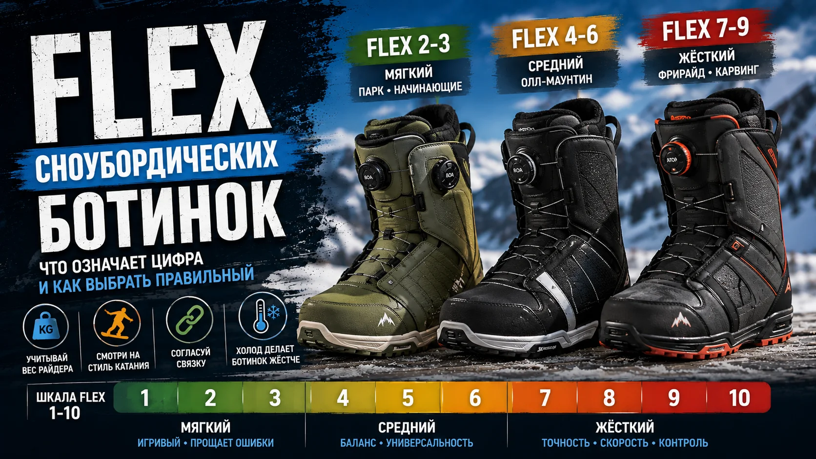 Flex сноубордических ботинок от 1 до 10: какую жёсткость выбрать