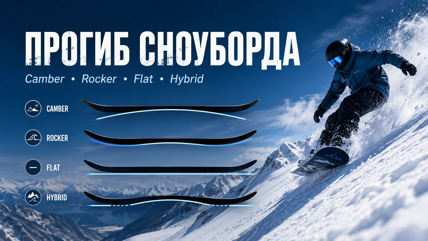 Прогиб сноуборда: Camber, Rocker, Flat и Hybrid на снегу